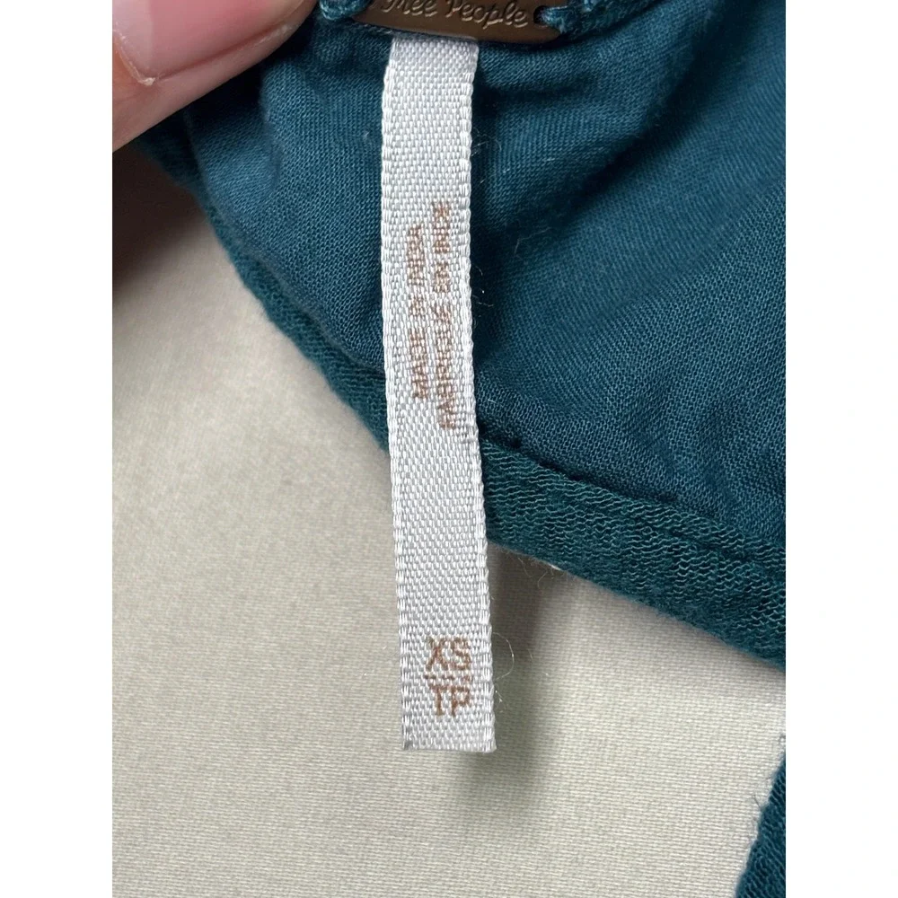 Free People Teal Green Embroidered Boho Mini Dress Open Back‎ Sleeve Womens XS